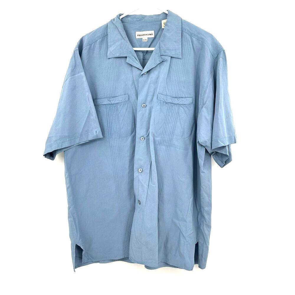 Pronto Uomo Size XL Men´s Silk Dress Shirt Light‎ Blue Button Up Short Sleeve